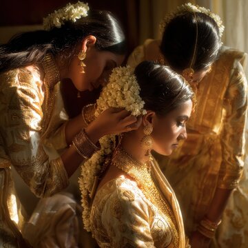 Sisters preparing an Indian bride with jasmine flowers in golden afternoon light