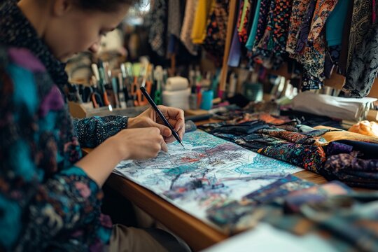 Designer sketching ideas for up-cycled clothing