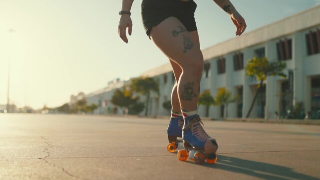 Young tattooed woman roller skating outdoors at sunset