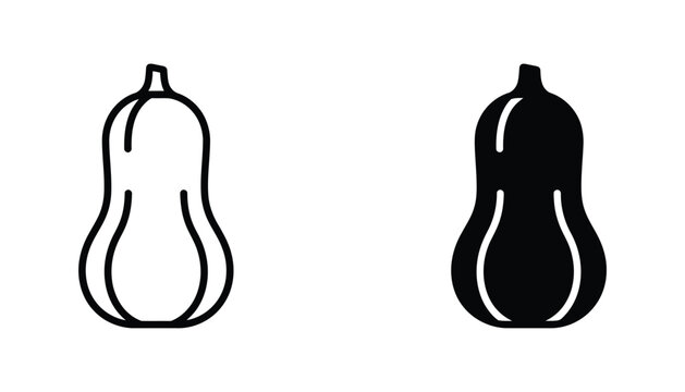 Butternut squash vegetable icon set in outline and solid black silhouette styles for autumn harvest and cooking themes