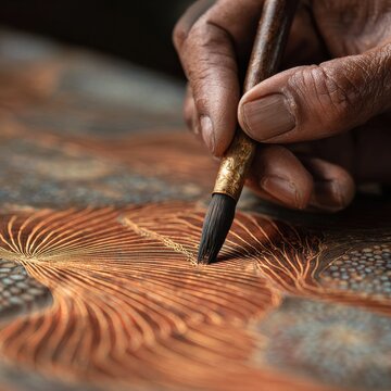 Indonesian Artisan Crafting Batik Design with Tjanting Tool in Warm Light