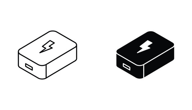 Portable power bank battery icon in isometric outline and solid vector for electronic charging