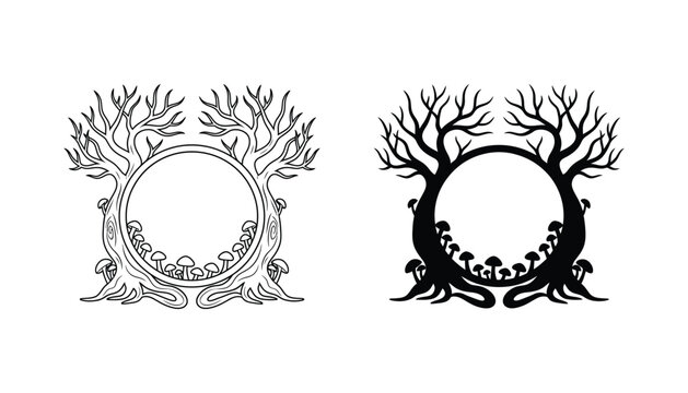 Circular frame decorated with spooky bare trees and forest mushrooms in black and white line art and solid silhouette style