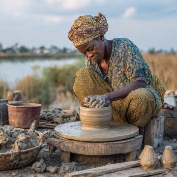 Igbo woman crafting pottery in riverside workshop with traditional wheel in soft morning light