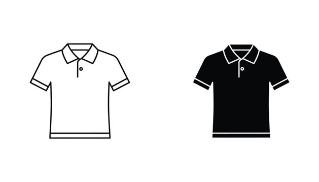 Classic polo shirt apparel icon set in clean black and white line art and solid silhouette style for fashion branding