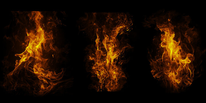 Fire flame brush set collection isolated on a black background