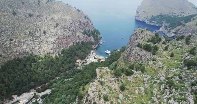 Aerial view of Sa Calobra cove and rugged coastline in Mallorca Spain