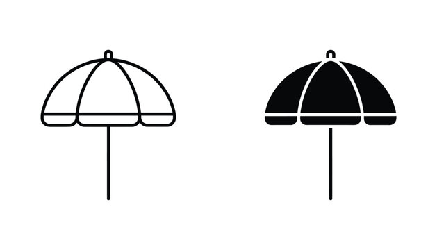 Beach umbrella icon set with detailed outline and solid black variations for summer vacation travel and holiday marketing materials