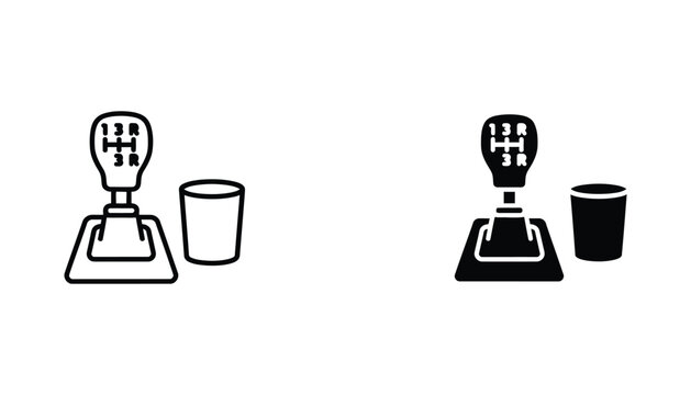 Manual car gear shift knob with cup holder icon set featuring clean outline and solid black graphic styles for automotive interface design