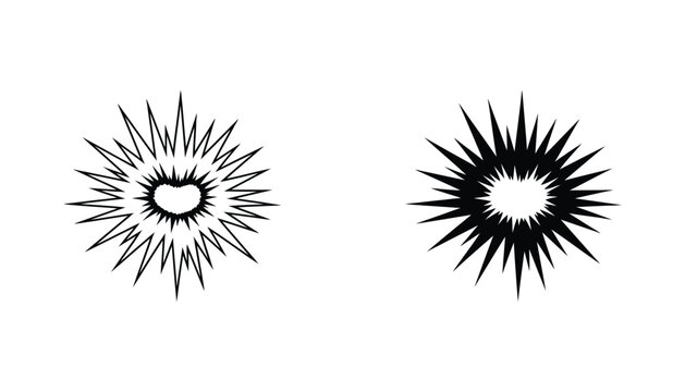 Starburst explosion icon set featuring outline and solid black silhouette for comic book action and graphic design emphasis