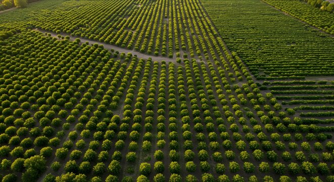 aerial view of neatly arranged green shrub or tree farm