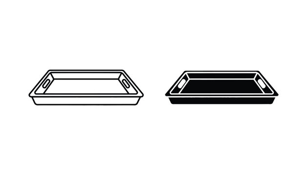 Rectangular serving tray icon in outline and solid black silhouette styles for food service and catering design concepts