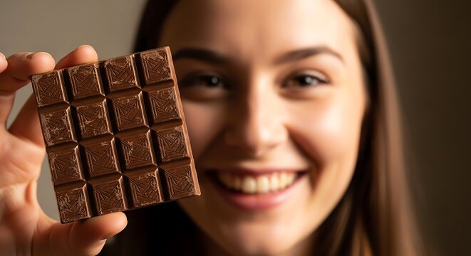 A smiling young brunette woman finds sweet temptation in a delicious chocolate bar, biting into the food with a beauty fashion look while holding the brown dessert