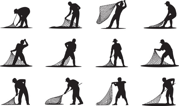 Fishing Net Silhouette Set with Fishermen Throwing Nets, Catching Fish, Coastal Work Activities, Traditional Occupation and Marine Lifestyle Scenes