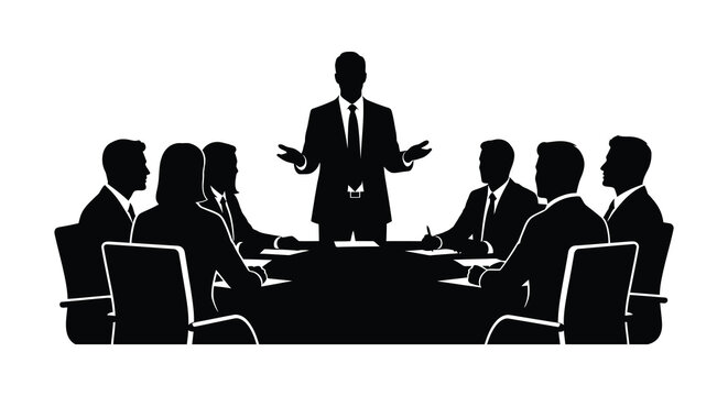business meeting silhouette with presenter and attendees around conference table high quality professional detailed modern elegant stylish clean crisp vibrant colorful