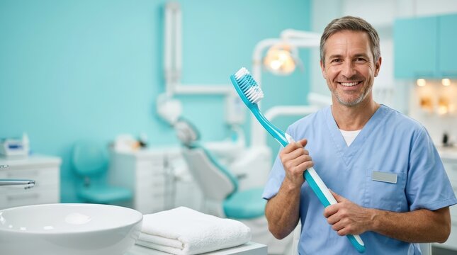 Smiling male dentist holding oversized toothbrush in dental clinic
