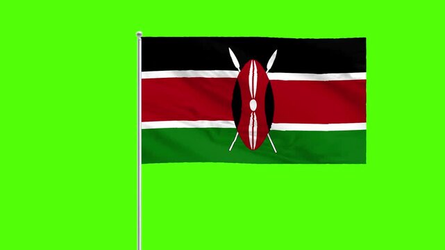 Kenyan Flag on Green Screen: A vibrant depiction of the Kenyan flag waving gently against a bright green backdrop, perfect for creative compositing and design.