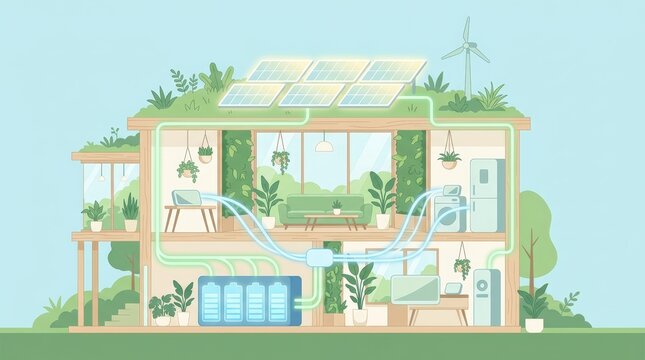 Eco - friendly home cross - section with solar panels and energy storage