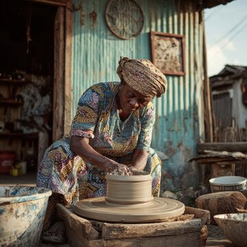 Igbo potter shaping clay on a traditional wheel at riverside workshop in soft morning light