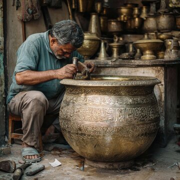 Skilled Coppersmith Engraving a Brass Vessel in Peshawar Bazaar Workshop with Warm Ambient Light