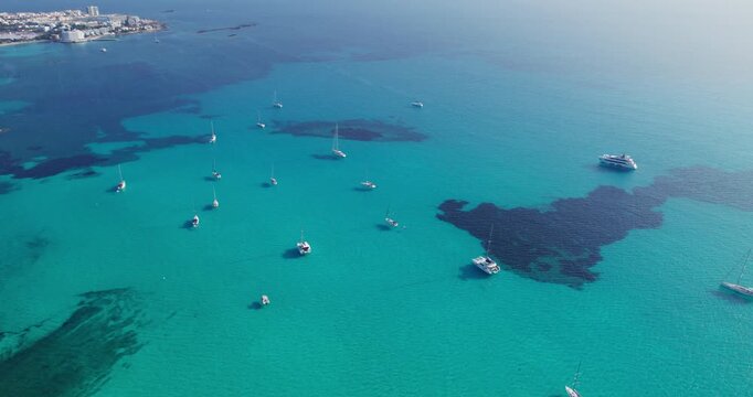 Aerial View Anchored Yachts Es Trenc Beach Mallorca Clear Turquoise Water