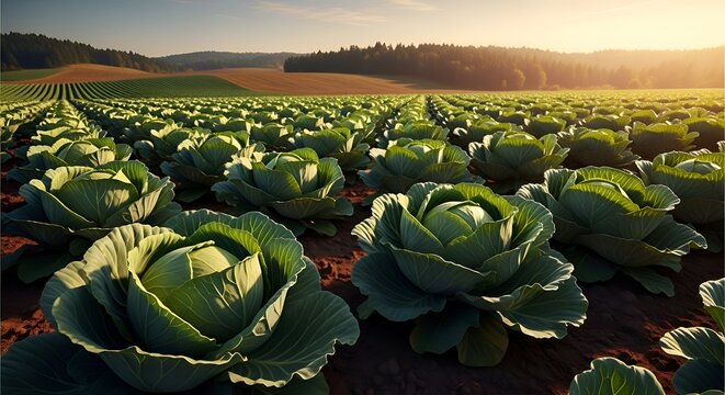Lush green cabbage field with morning dew, vibrant and fresh produce, agricultural landscape agriculture