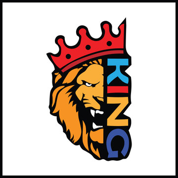 A stylized lion's head adorned with a crown, juxtaposed with the word "KING" in bold lettering. Represents power, royalty, and dominance, suitable for branding or symbolic imagery.
