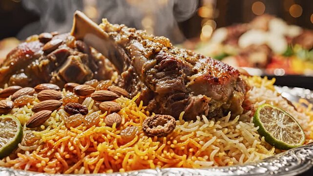 Delicious Lamb Mandi Rice with Almonds and Lime.