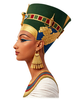 Ancient Egyptian queen Nefertiti profile portrait wearing traditional pharaoh crown and gold jewelry isolated on transparent background PNG element