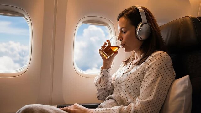 Woman enjoying a drink and listening to music with headphones while traveling