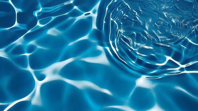 Crystalline blue swimming pool water with caustic light patterns, shimmering turquoise pool surface with ripples, refreshing summer aquatic background for spa and wellness