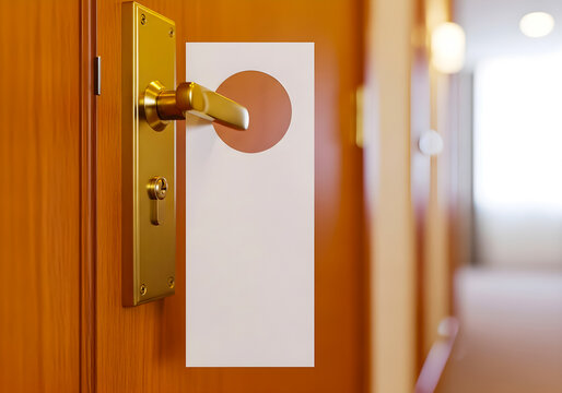 Blank white door hanger on a wooden door in hotel hallway door hanger mockup
