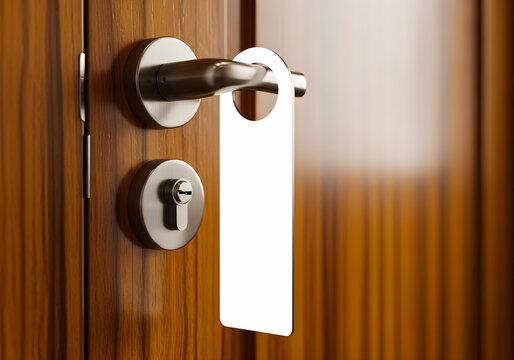 Blank white door hanger on a wooden door with silver handle door hanger mockup