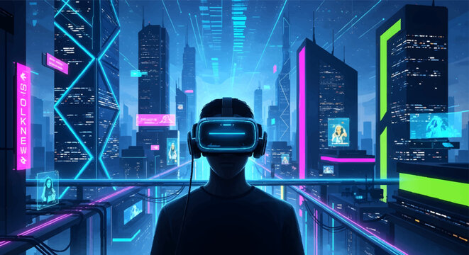 Person wearing VR headset in futuristic neon cityscape at night