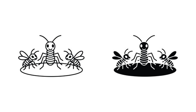 Cartoon bee colony icon set featuring one large queen bee and two smaller worker bees on a circular platform in both line art and solid black vector styles for agricultural educational graphics