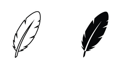 Single feather icon set featuring elegant plumage in linear outline and solid black silhouette styles for artistic or vintage design elements isolated on white background © Designer Rubel