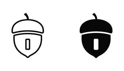 Oak acorn nut icon set in outline and solid black design for nature themed graphics environmental projects and educational forest illustrations © Designer Rubel