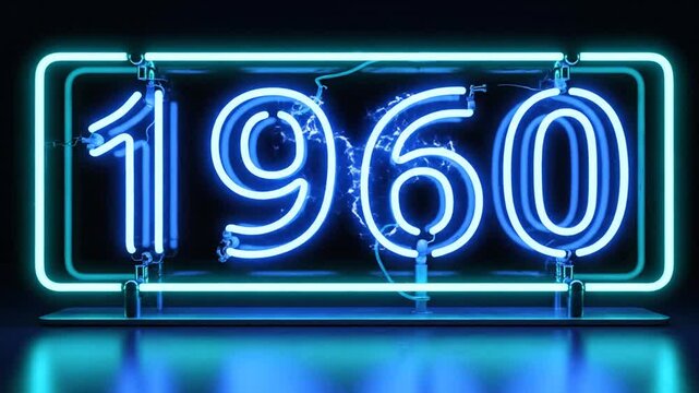 Blue neon sign displaying 1960 on dark reflective surface