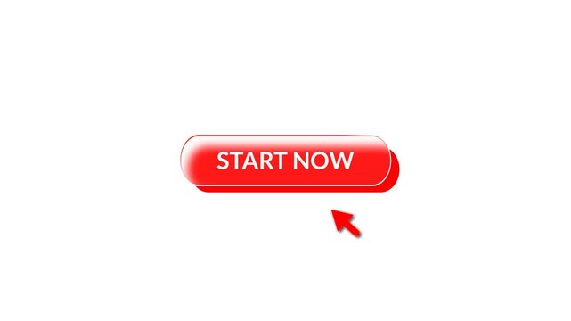 Red arrow cursor clicking a glossy start now button on white