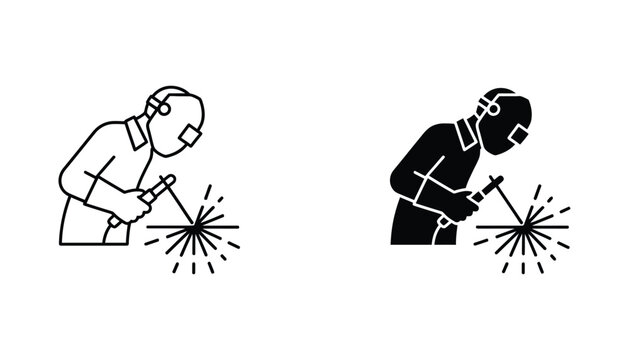 Welder professional worker icon set in outline and solid black style for industrial and manufacturing industry design isolated on white background