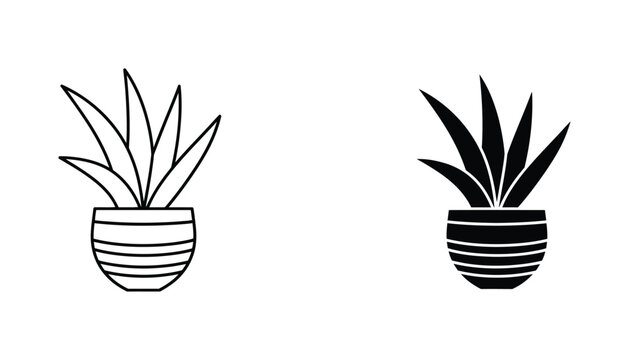 Potted houseplant icon set in outline and solid black style for indoor gardening and interior decor design isolated on white background