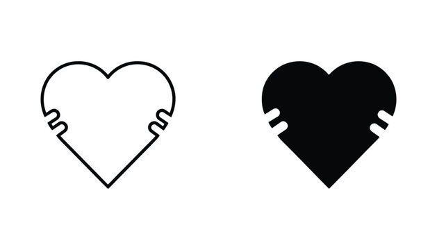 Heart icon with decorative side notches in outline and solid black style for romantic and social media graphic design isolated on white background