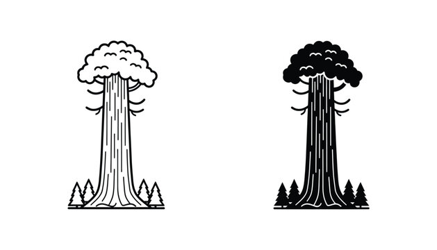 Giant sequoia redwood tree icon set with surrounding pines in outline and solid black design for nature forest conservation and environmental graphic projects