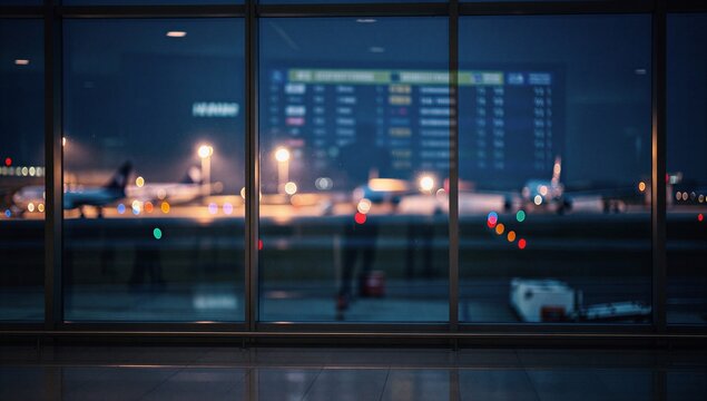 Airport terminal window at night with blurry runway lights bokeh, travel and departure concept.