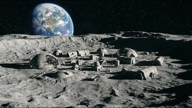 A futuristic moon base with earth in the background