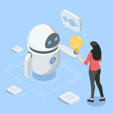 An isometric vector robot gives a woman a glowing light bulb, in color on a blue background, AI assistant or chat