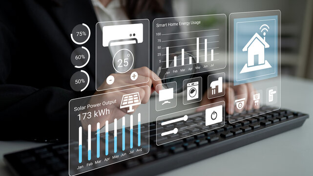 Innovative smart home interface showcasing energy usage metrics and solar power analysis. Ideal for promoting sustainability and modern technology in residential settings. Gantry