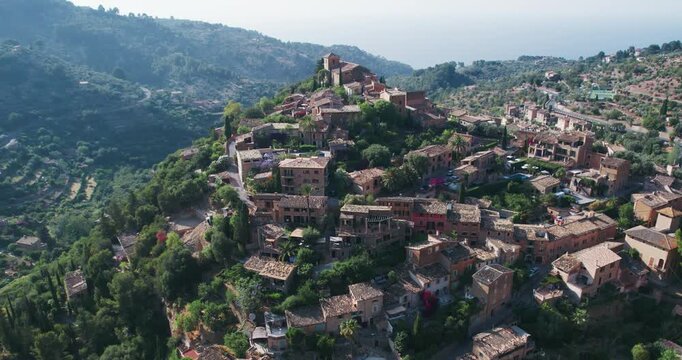 Aerial View of Historic Deia Village on Mallorca Island, Spain
