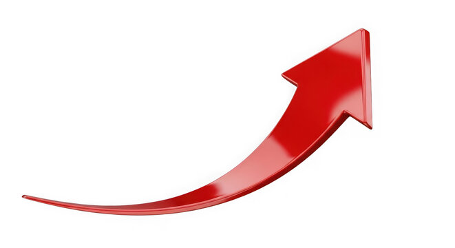 Shiny red 3d arrow pointing upwards for business growth isolated on transparent background