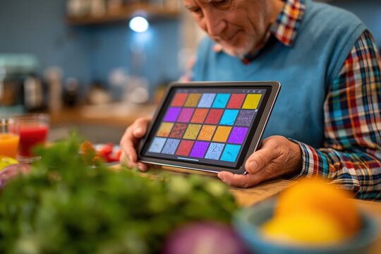 Adult browsing drink recipes on tablet while preparing fresh beverages in kitchen